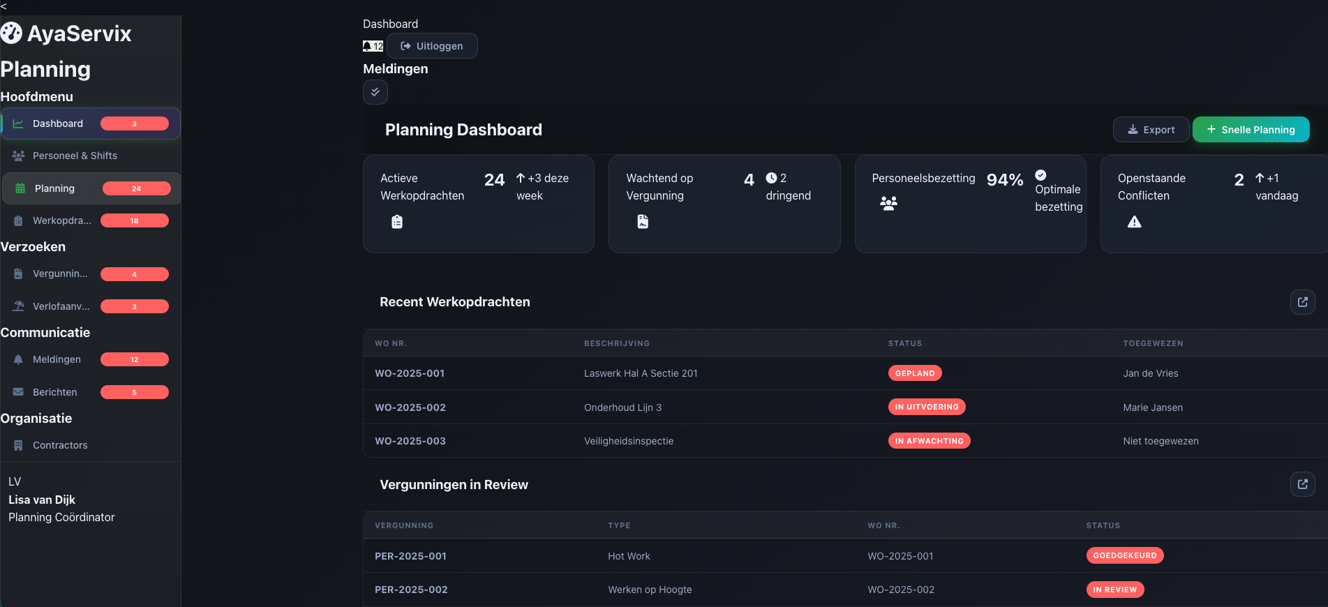 Screenshot van het Planning-dashboard van AyaServix