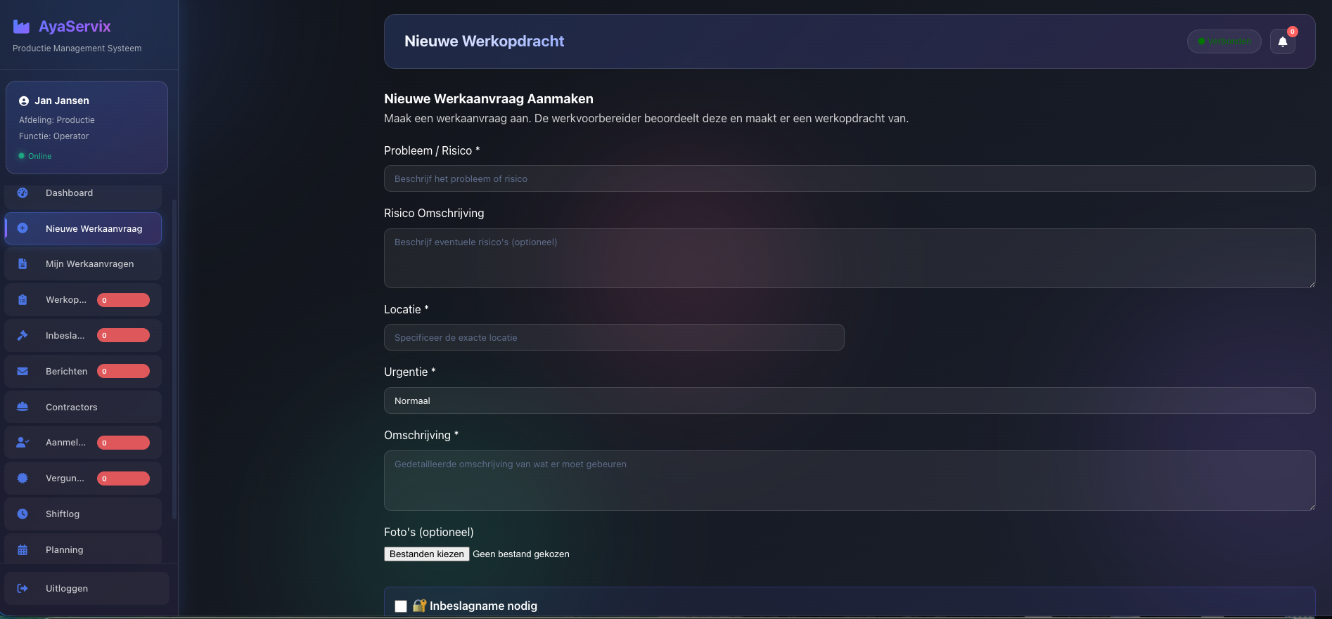 Screenshot van een werkorder-detail in AyaServix